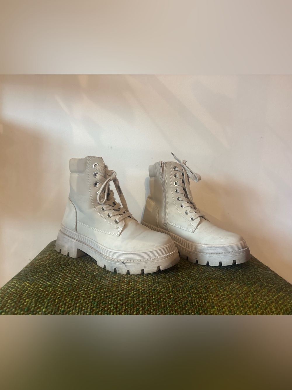 Women's Lace-Up Chunky Sole Boots in Light Beige